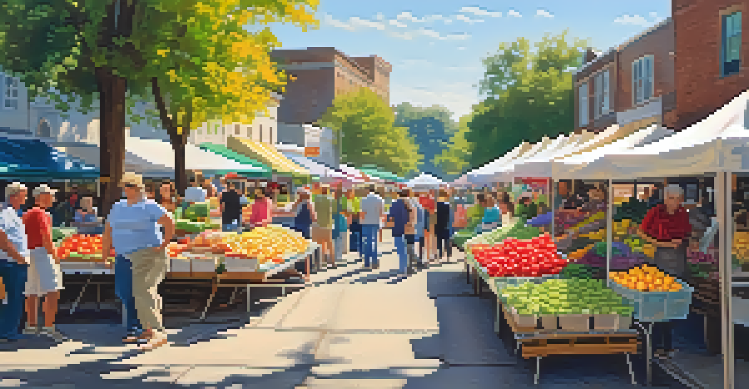 A lively farmers market filled with colorful produce and happy vendors interacting with customers.