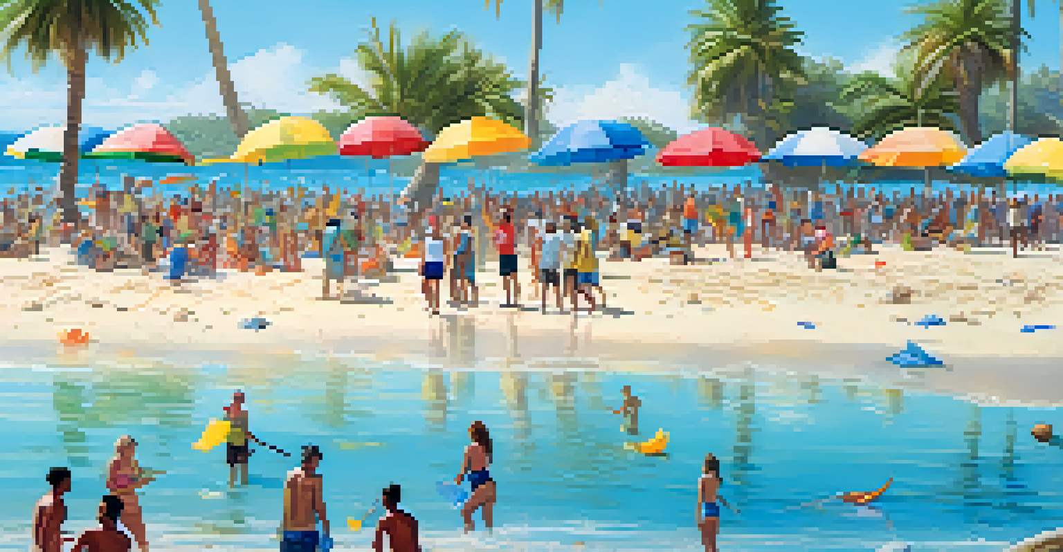 Volunteers cleaning a beach with blue waters and palm trees in the background.