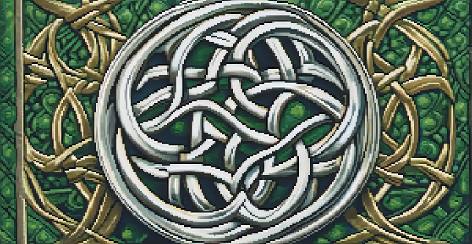 A detailed view of a Celtic knotwork pendant made of silver and gold on a green velvet background.
