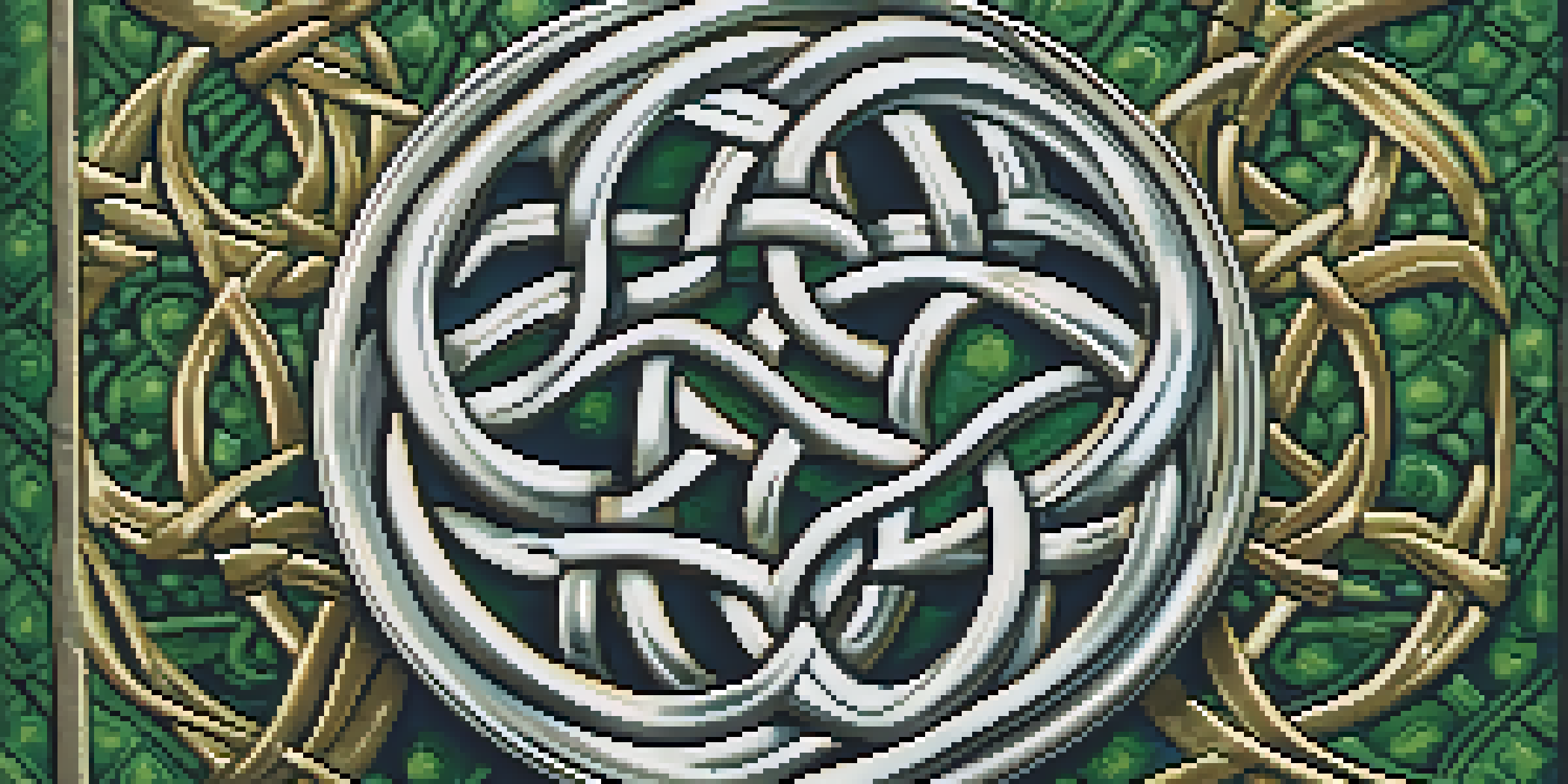 A detailed view of a Celtic knotwork pendant made of silver and gold on a green velvet background.