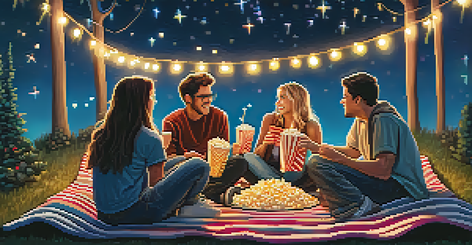 A group of friends enjoying an outdoor movie night on a picnic blanket, surrounded by fairy lights and snacks.