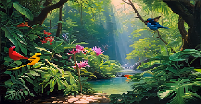 A lush jungle scene with bright green plants, colorful birds, and a stream under soft sunlight.