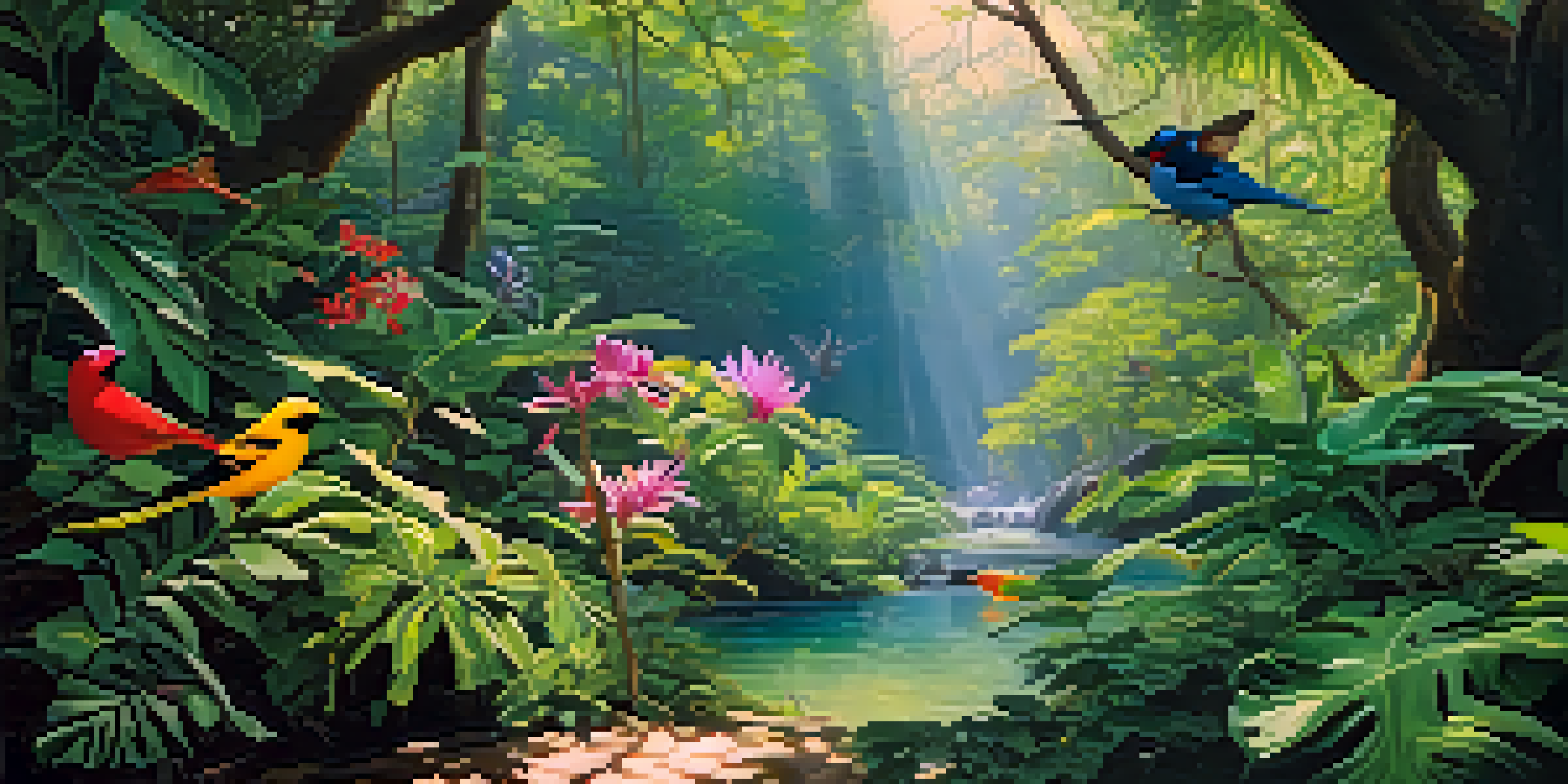 A lush jungle scene with bright green plants, colorful birds, and a stream under soft sunlight.