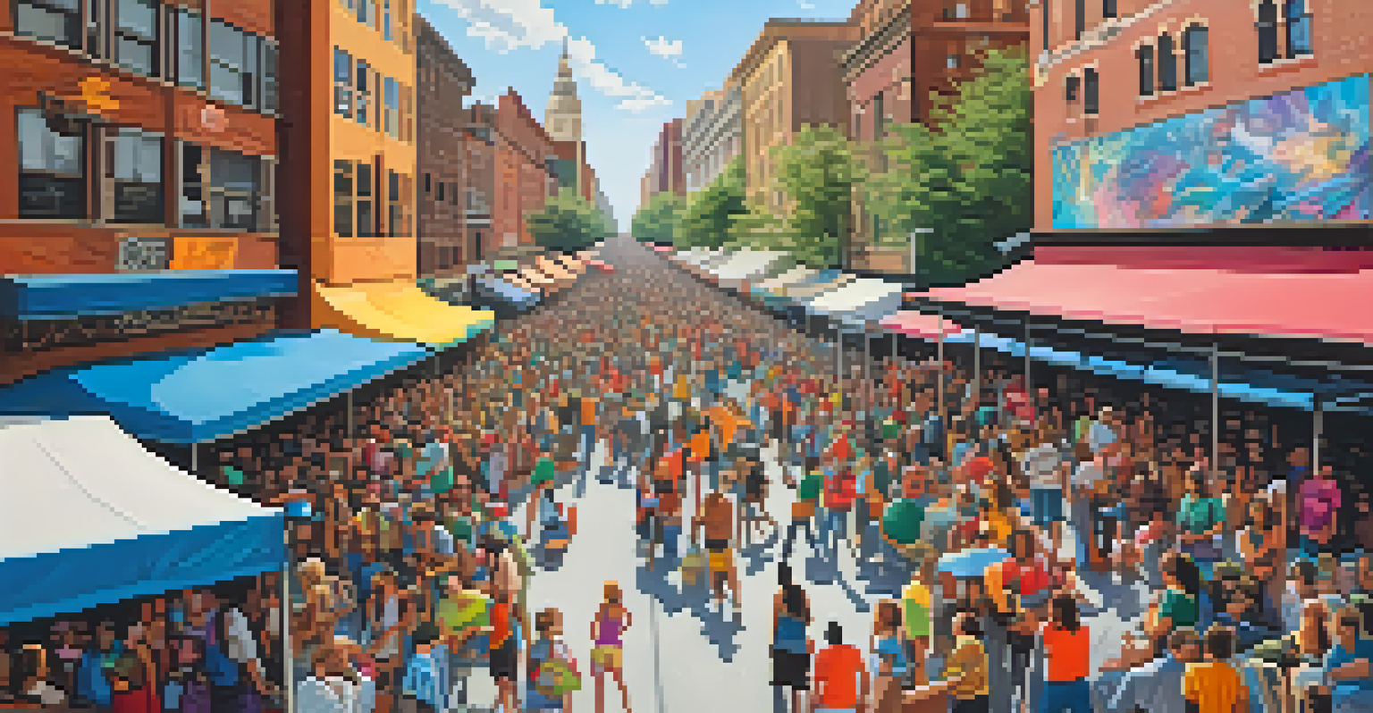 An aerial view of a busy street art festival with muralists, spectators, food stalls, and musicians, showcasing a vibrant atmosphere.