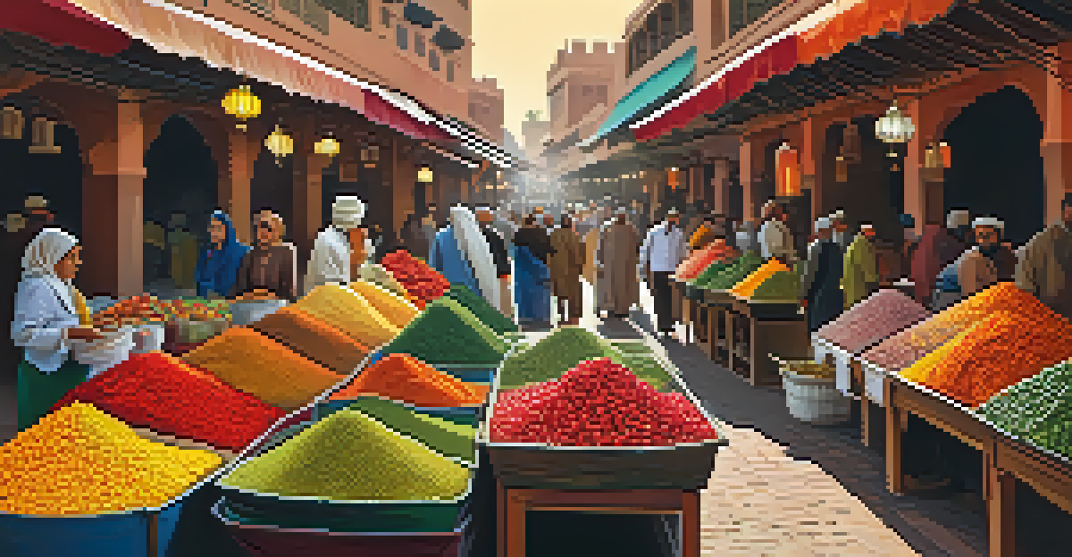 A vibrant food market in Marrakech filled with spices, fruits, and local delicacies, showcasing colorful stalls and shoppers interacting with vendors.