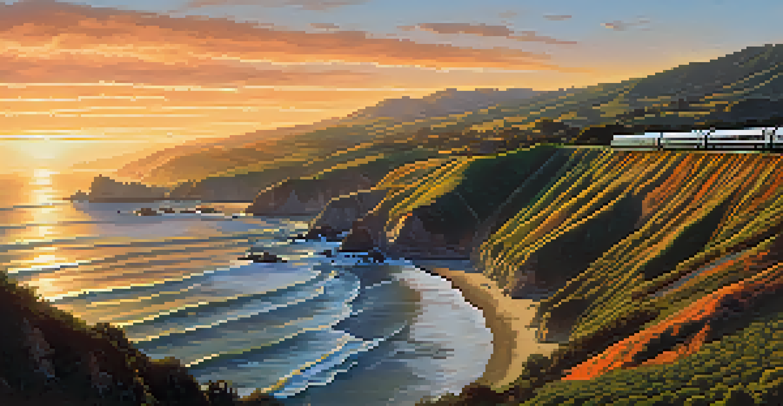 An aerial view of the Pacific coastline at sunset, highlighting cliffs, crashing waves, and vineyards, with a train observation car filled with passengers.