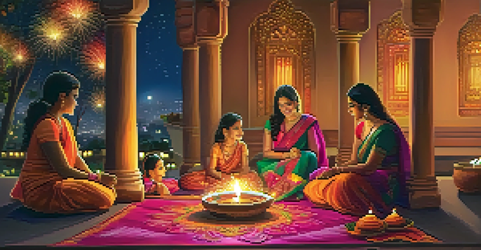 A family celebrating Diwali with diyas on a balcony and colorful rangoli designs on the ground, with fireworks in the night sky.