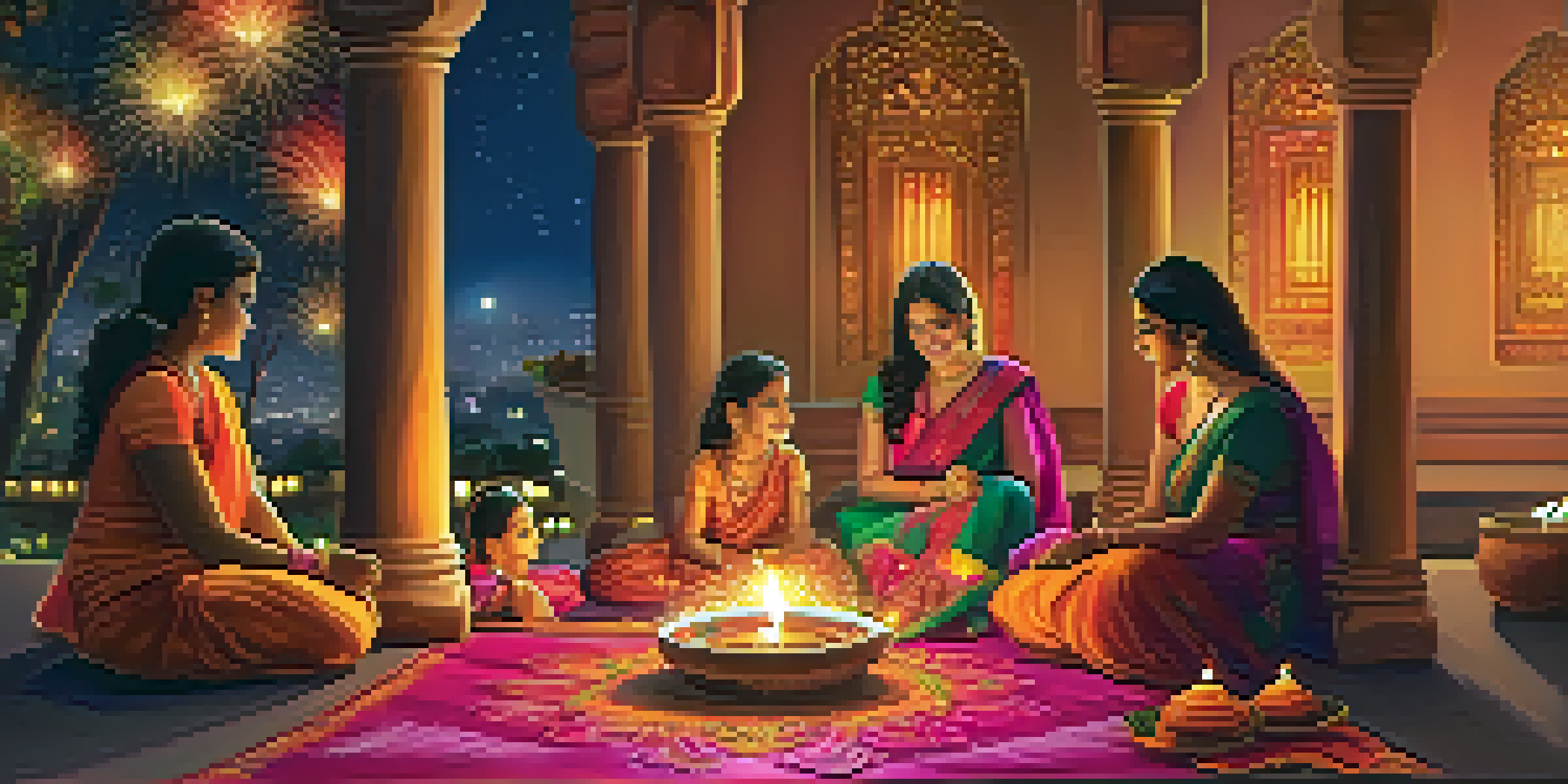 A family celebrating Diwali with diyas on a balcony and colorful rangoli designs on the ground, with fireworks in the night sky.