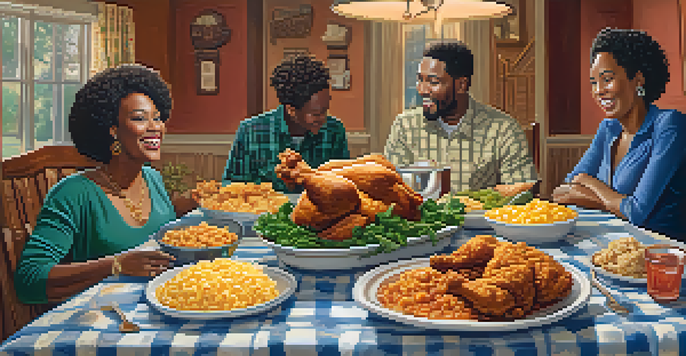 A dinner table set with Southern soul food, including fried chicken, collard greens, cornbread, and macaroni and cheese, with a warm atmosphere and family in the background.