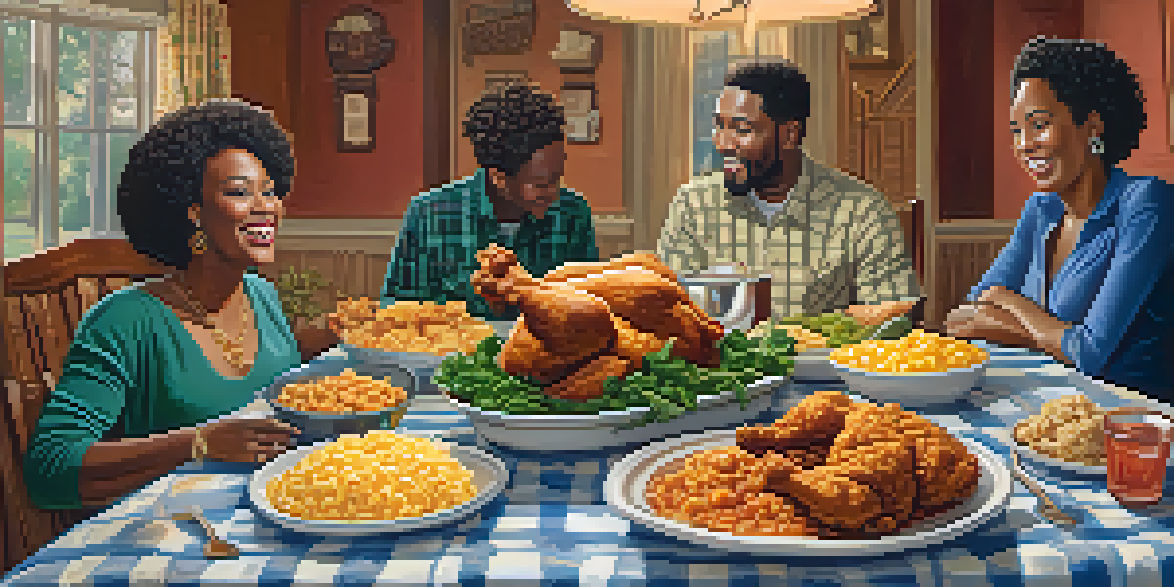 A dinner table set with Southern soul food, including fried chicken, collard greens, cornbread, and macaroni and cheese, with a warm atmosphere and family in the background.