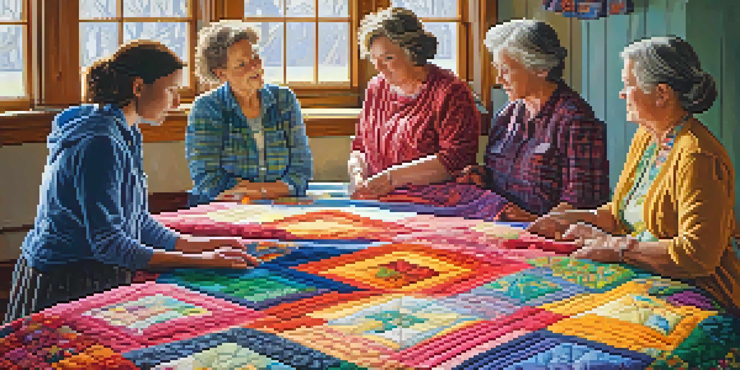 A group of women participating in a quilting bee, working on a colorful quilt in a sunlit room filled with natural light.