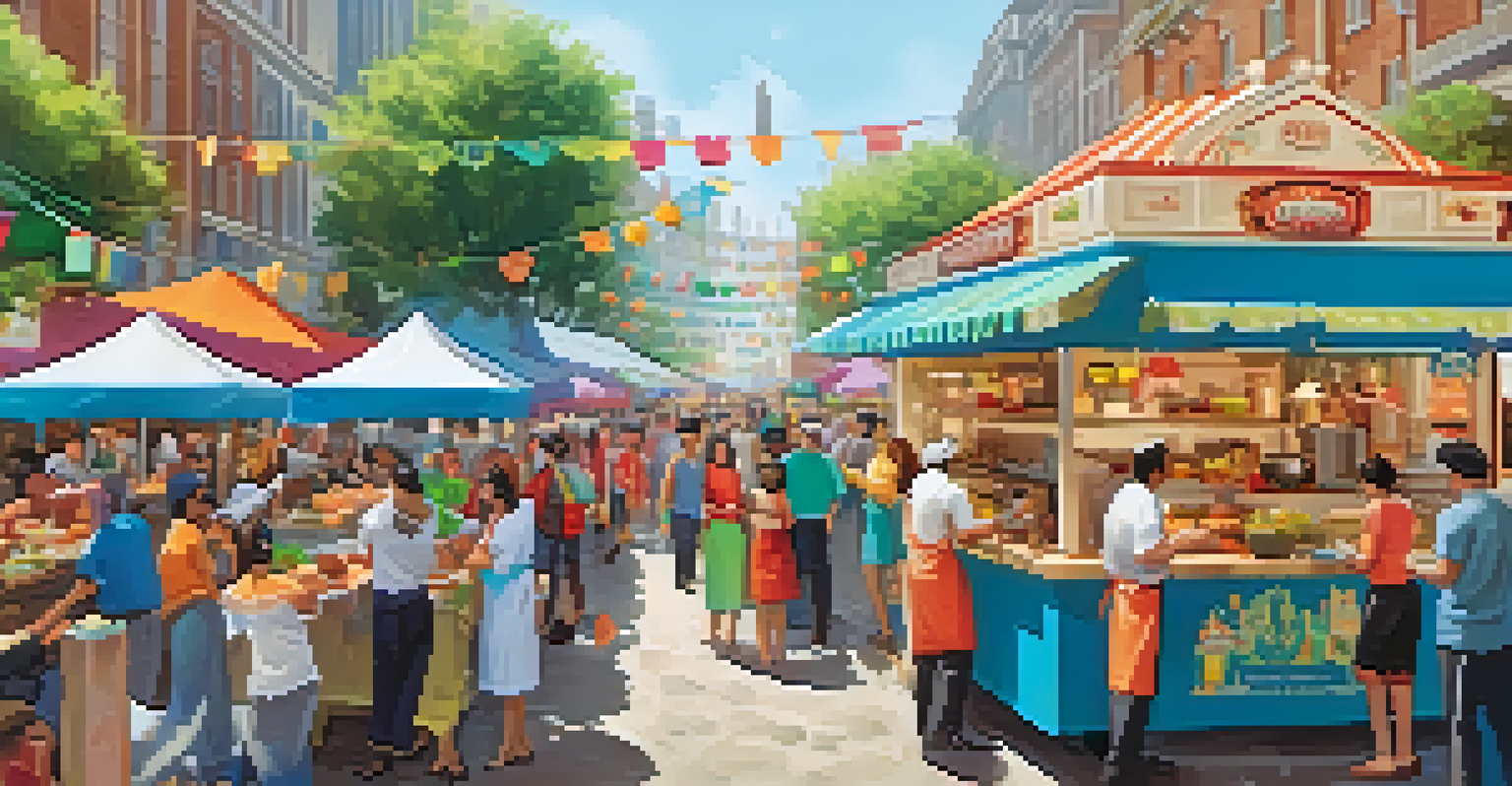 A vibrant food festival with people sampling various cuisines from food trucks and stalls, with chefs demonstrating cooking techniques.