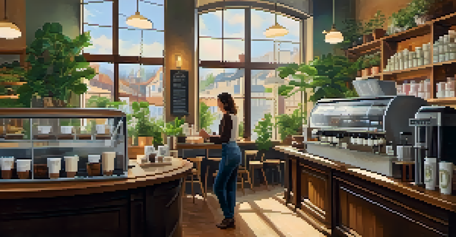 A cozy café with a barista making coffee, showcasing latte art and a bright, inviting atmosphere.