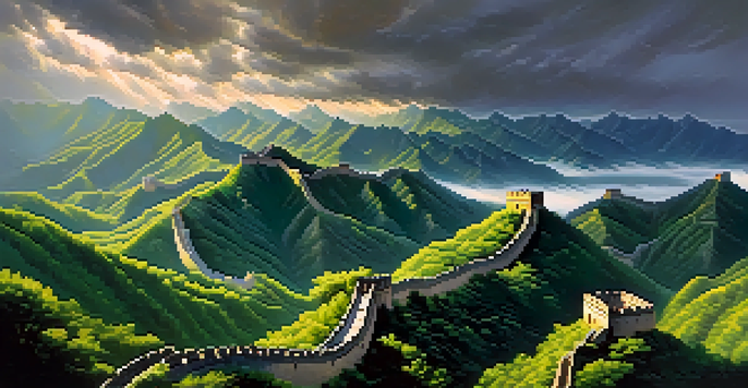 Aerial view of the Great Wall of China surrounded by green mountains under a cloudy sky.
