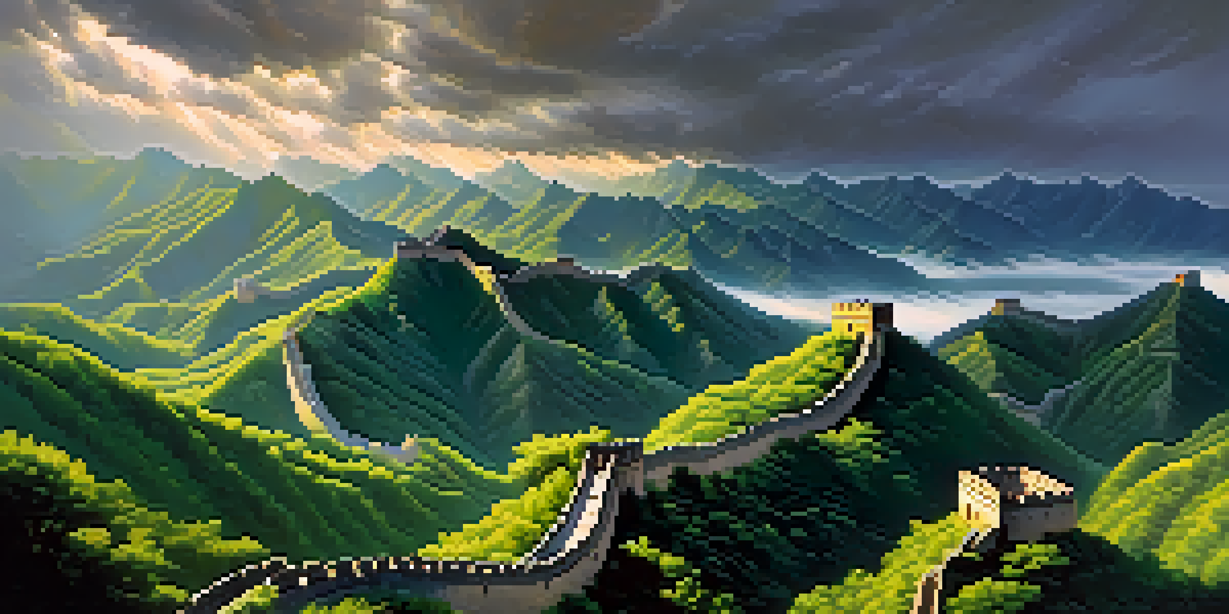 Aerial view of the Great Wall of China surrounded by green mountains under a cloudy sky.