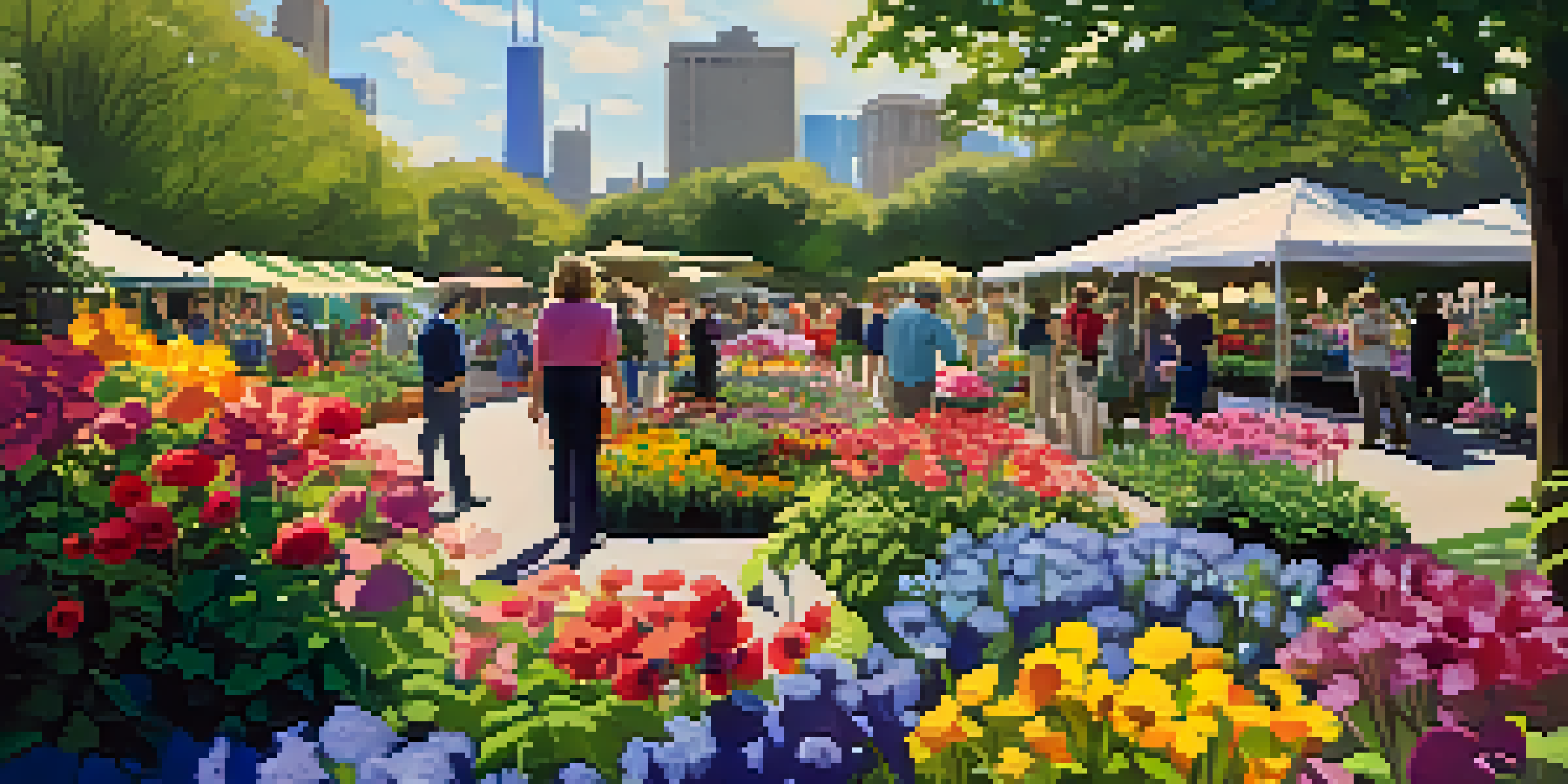 A vibrant flower show in Chicago with colorful blooms and people participating in gardening workshops under a clear blue sky.