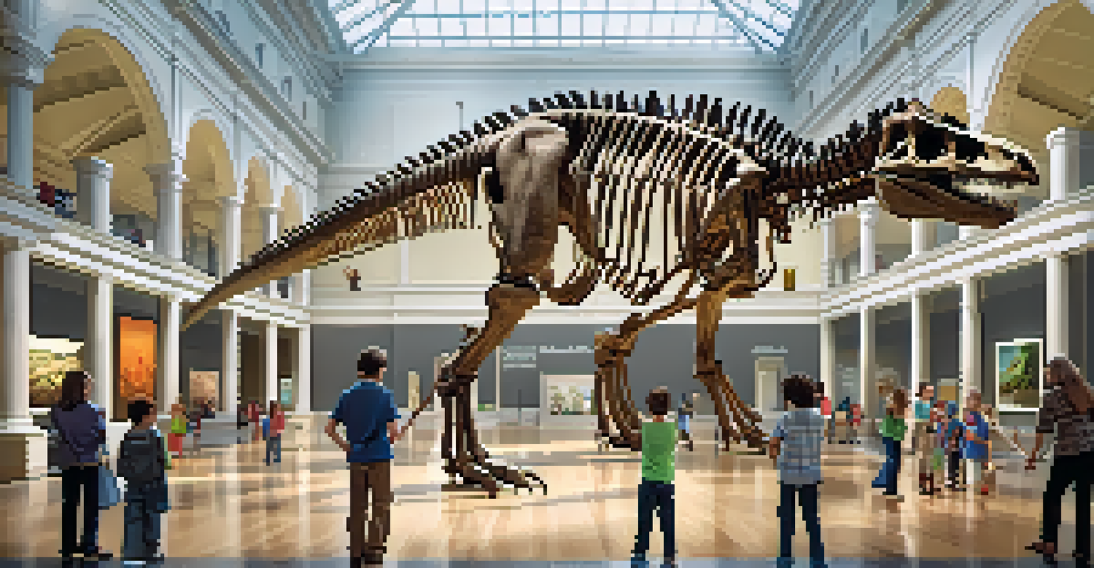 An interior view of the Smithsonian Museum featuring a dinosaur skeleton and children interacting with exhibits.