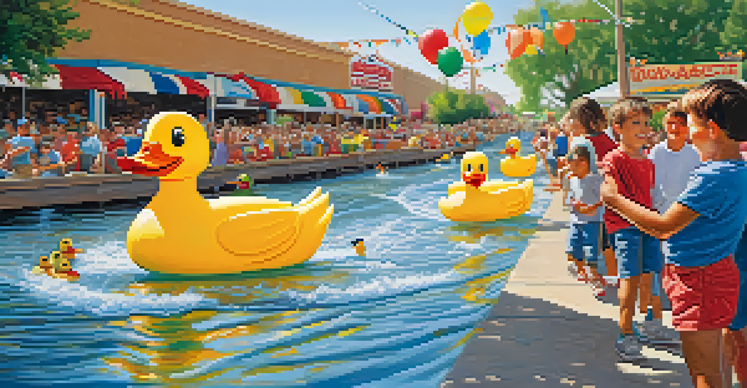 Families cheering at the Great American Duck Race, with colorful ducks racing and carnival decorations in the background on a sunny day.