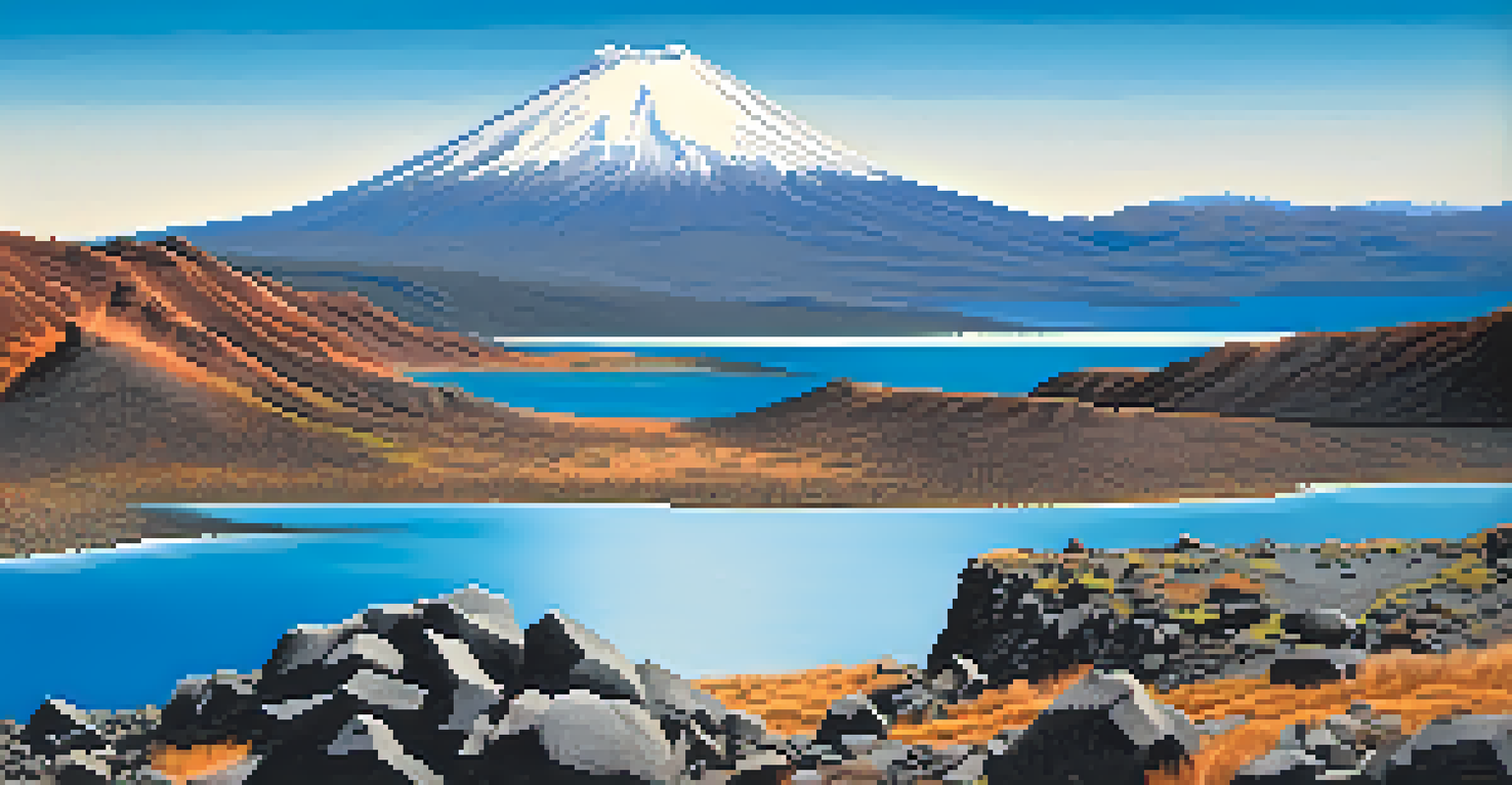A stunning view of Tongariro National Park with a blue lake, volcanic craters, and mountains in the background.