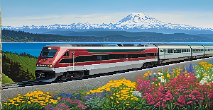A train travels along a beautiful coastal route with mountains and wildflowers in the background.