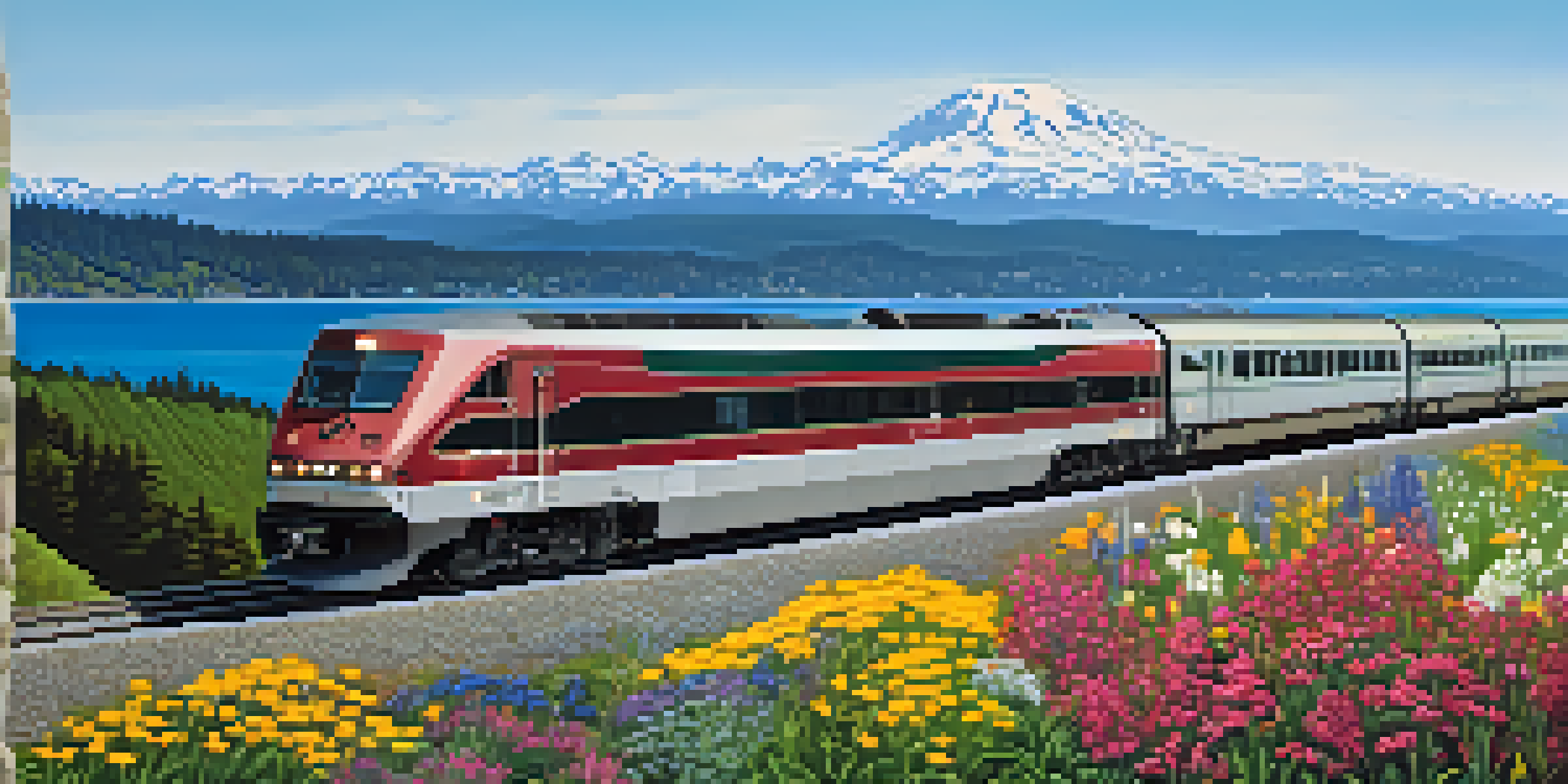 A train travels along a beautiful coastal route with mountains and wildflowers in the background.