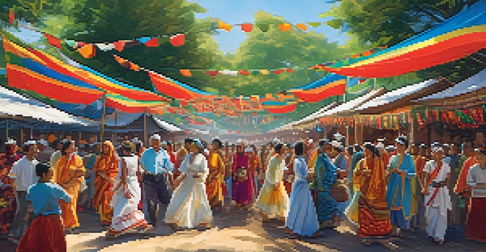 A lively cultural festival showcasing diverse people in traditional attire dancing, with colorful stalls selling crafts and food under a blue sky.