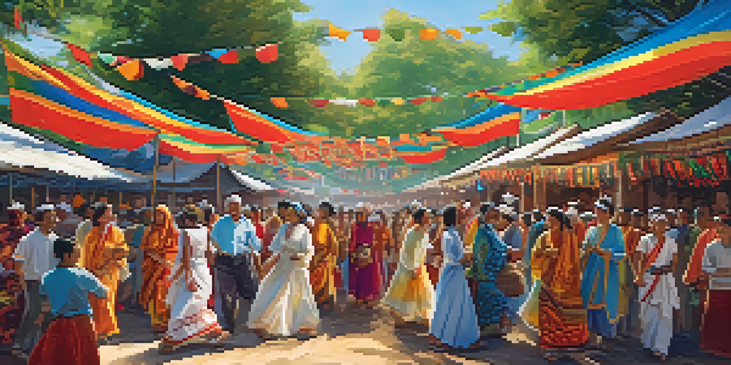 A lively cultural festival showcasing diverse people in traditional attire dancing, with colorful stalls selling crafts and food under a blue sky.