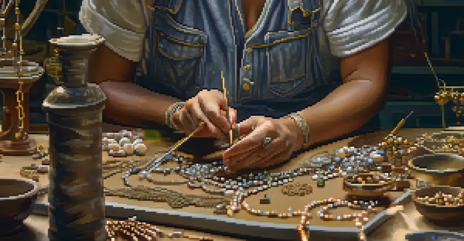A close-up of an artisan crafting jewelry, with tools and beads on the table, and warm light emphasizing their focused expression.