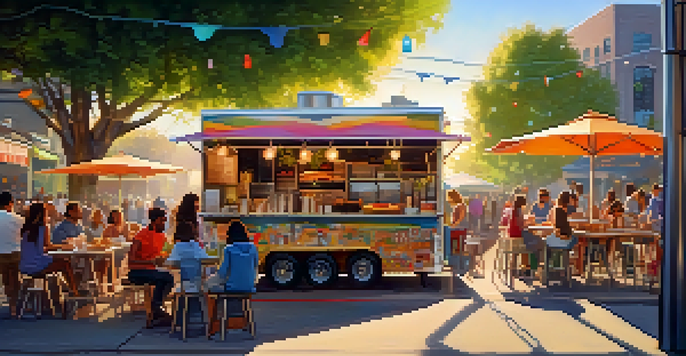 A lively street scene with a colorful food truck serving diverse dishes, with people enjoying their meals under warm golden hour light.