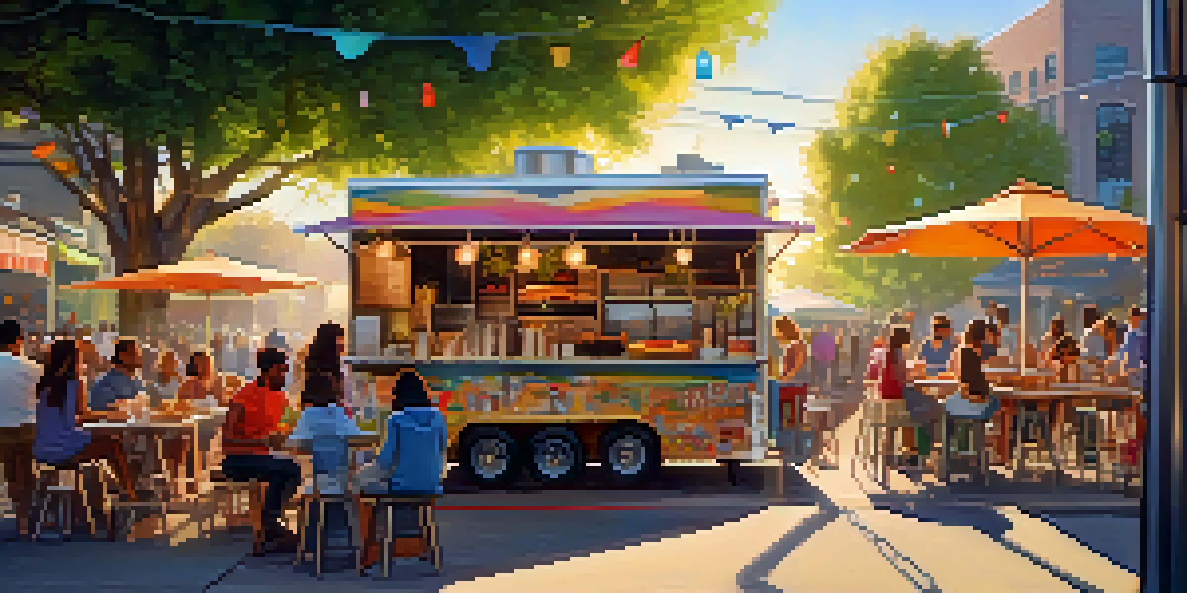 A lively street scene with a colorful food truck serving diverse dishes, with people enjoying their meals under warm golden hour light.