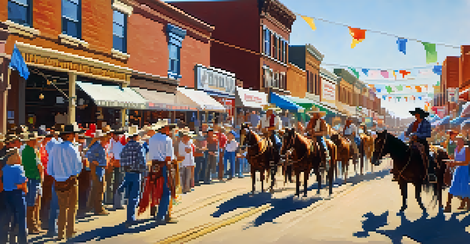 A festive scene at Cheyenne's Frontier Days, showcasing cowboys, crowds, and colorful stalls during a rodeo event.