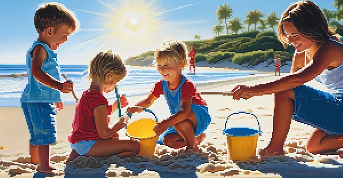 A family building a sandcastle at the beach, with children laughing and parents watching, under a clear blue sky.
