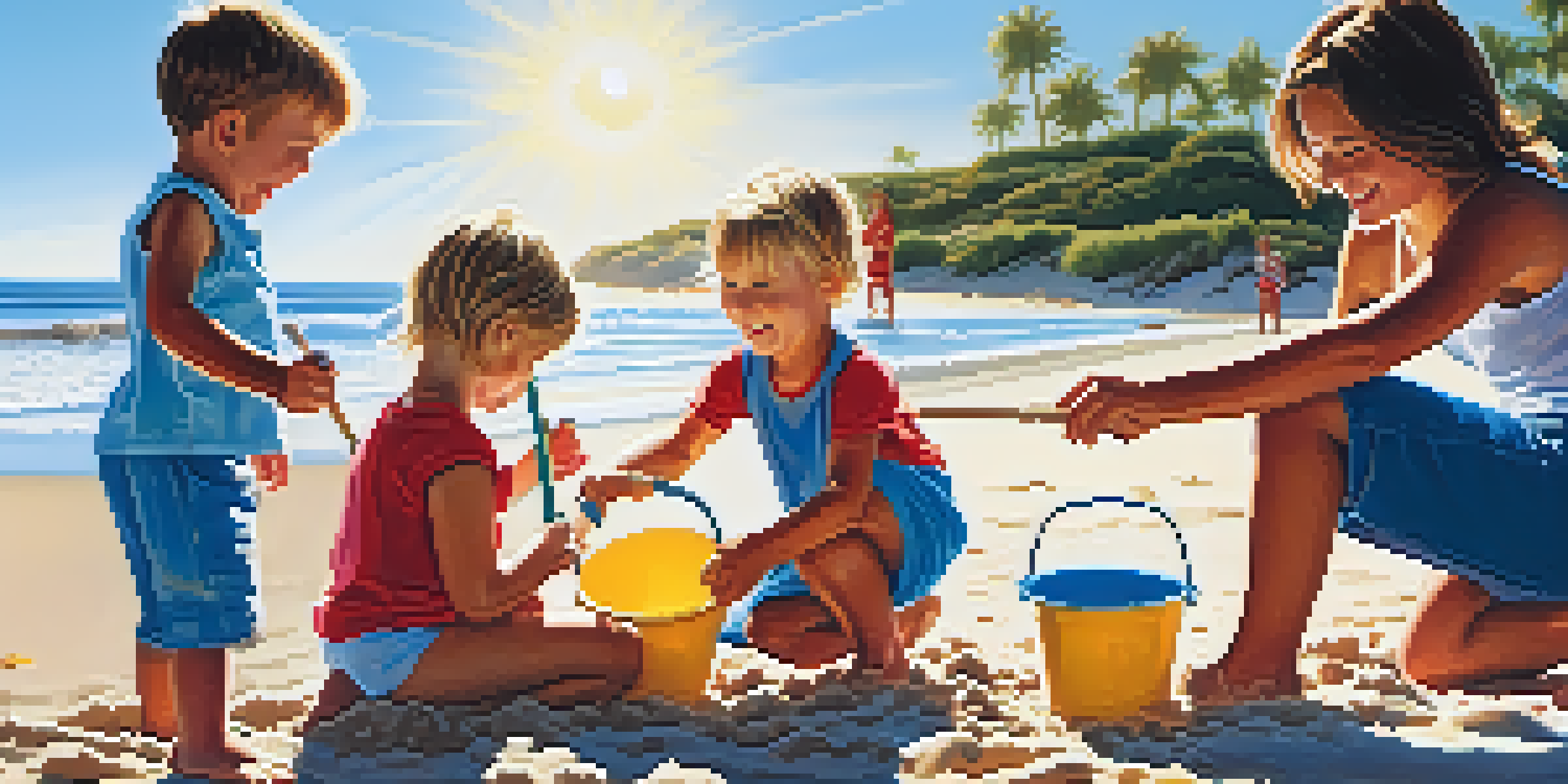 A family building a sandcastle at the beach, with children laughing and parents watching, under a clear blue sky.