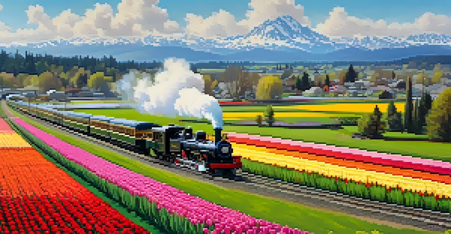 A colorful field of tulips with a vintage train running through it, viewed from above.