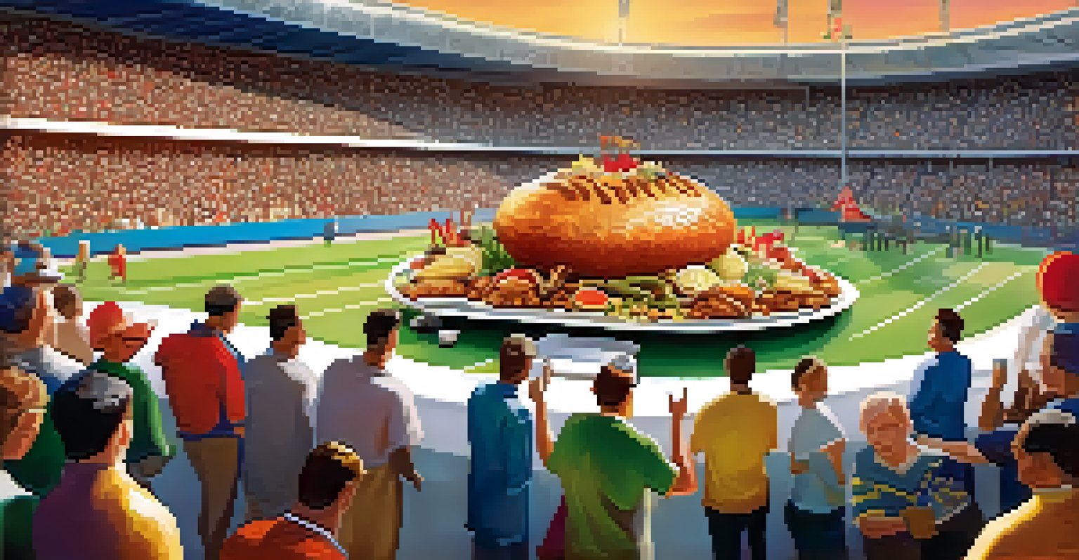 Close-up of a beautifully garnished traditional dish served at a sports event, with fans in a stadium in the background.