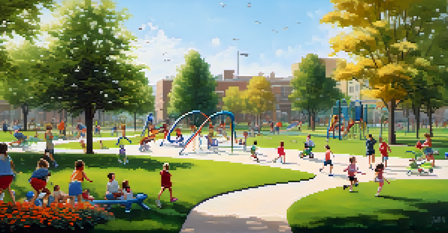 Children playing sports in a vibrant urban park, showcasing modern facilities and families enjoying the outdoors.