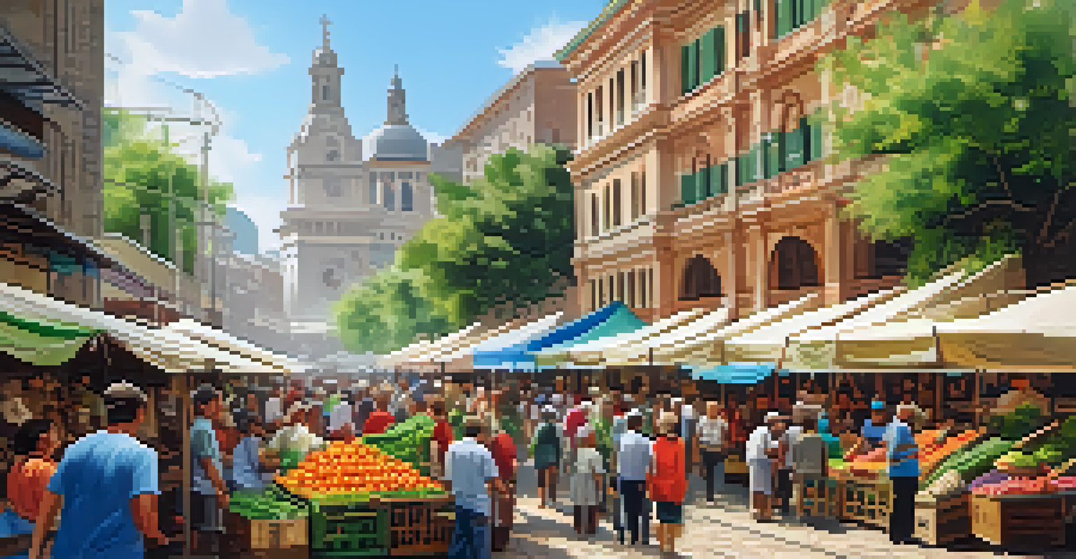 A bustling local market with fresh produce and handmade goods, filled with diverse people.