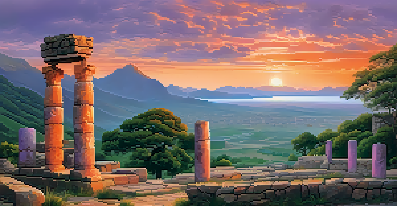 A stunning sunset over a UNESCO World Heritage Site, featuring ancient stone structures amidst lush greenery and distant mountains, showcasing the beauty of cultural heritage.