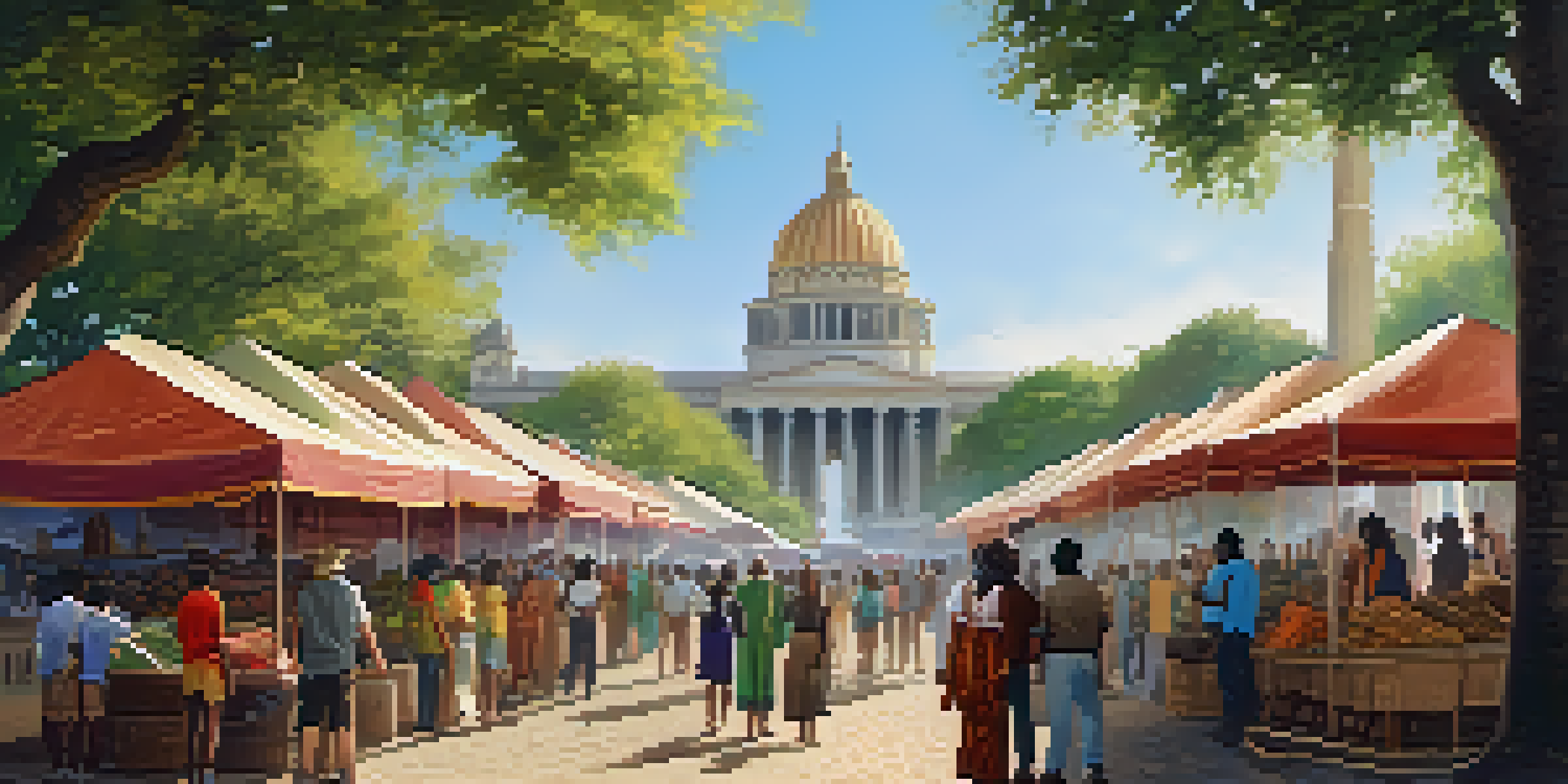 A group of young travelers of different ethnicities exploring a historical landmark, surrounded by street markets and cultural artifacts.