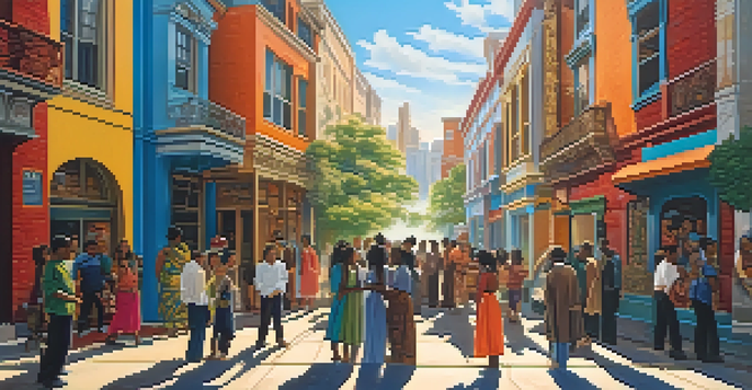 A colorful mural showcasing a historical scene with diverse figures in an urban setting, illuminated by soft sunlight.