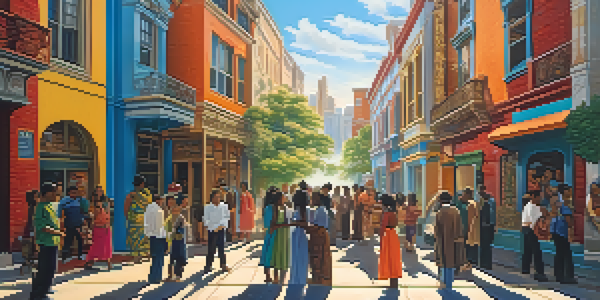 A colorful mural showcasing a historical scene with diverse figures in an urban setting, illuminated by soft sunlight.