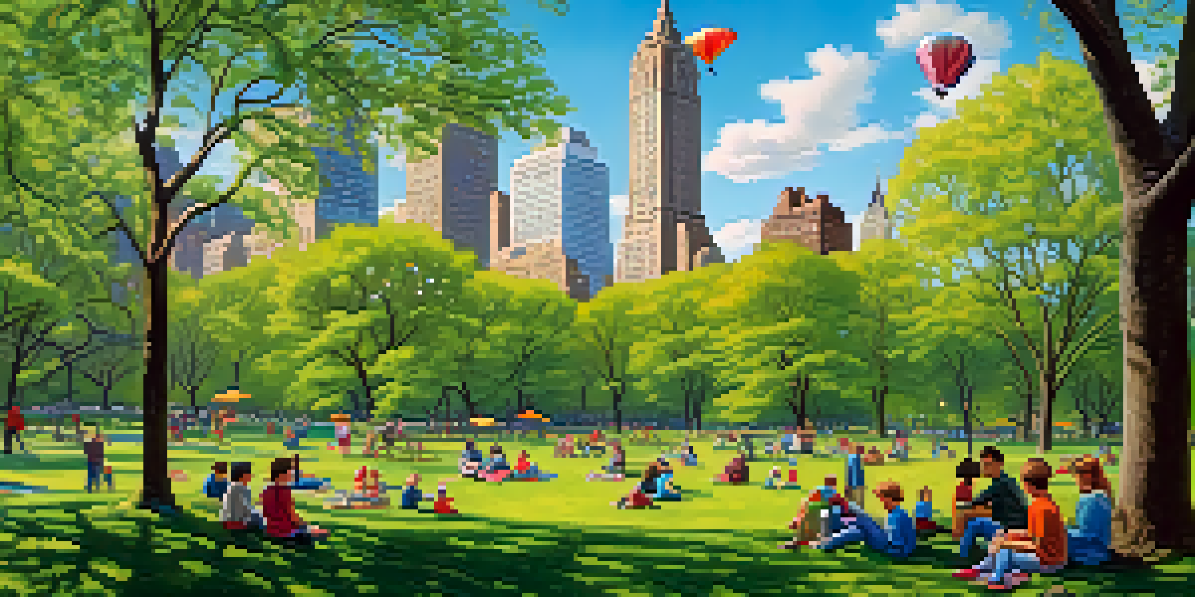 Families having a picnic in Central Park with children flying kites and playing in playgrounds, surrounded by greenery and the Manhattan skyline.