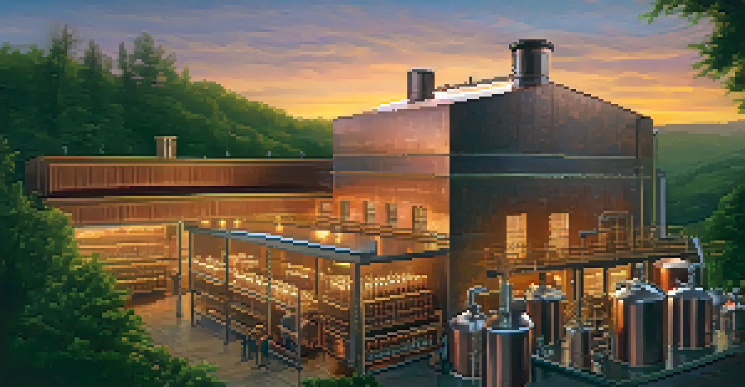 Outdoor distillery at sunset with copper stills and a distiller pouring a golden spirit into a glass.