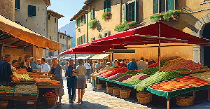 A lively local market in Tuscany with colorful stalls of fresh produce and handmade pasta, sunlight streaming through awnings.