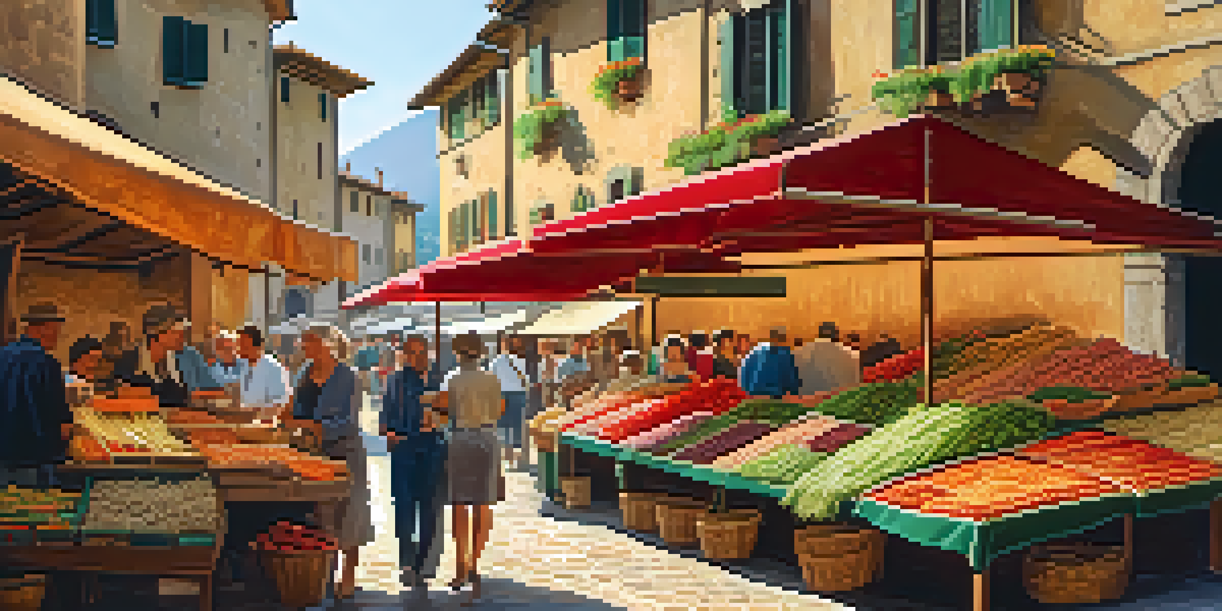A lively local market in Tuscany with colorful stalls of fresh produce and handmade pasta, sunlight streaming through awnings.