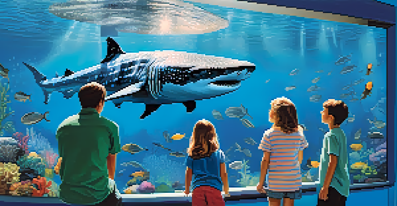 A family at an aquarium observing a whale shark swimming in a large tank, with children looking amazed.