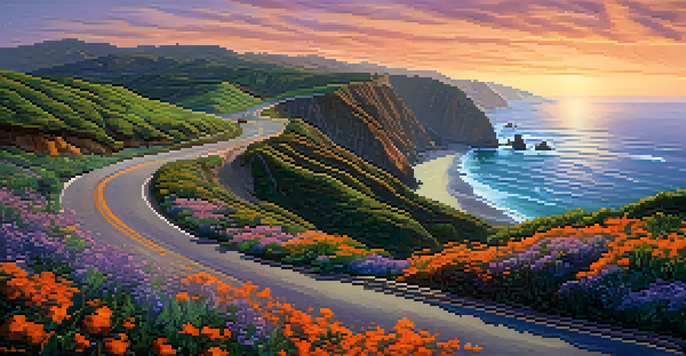 A scenic view of the Pacific Coast Highway at sunset, with cliffs and ocean.