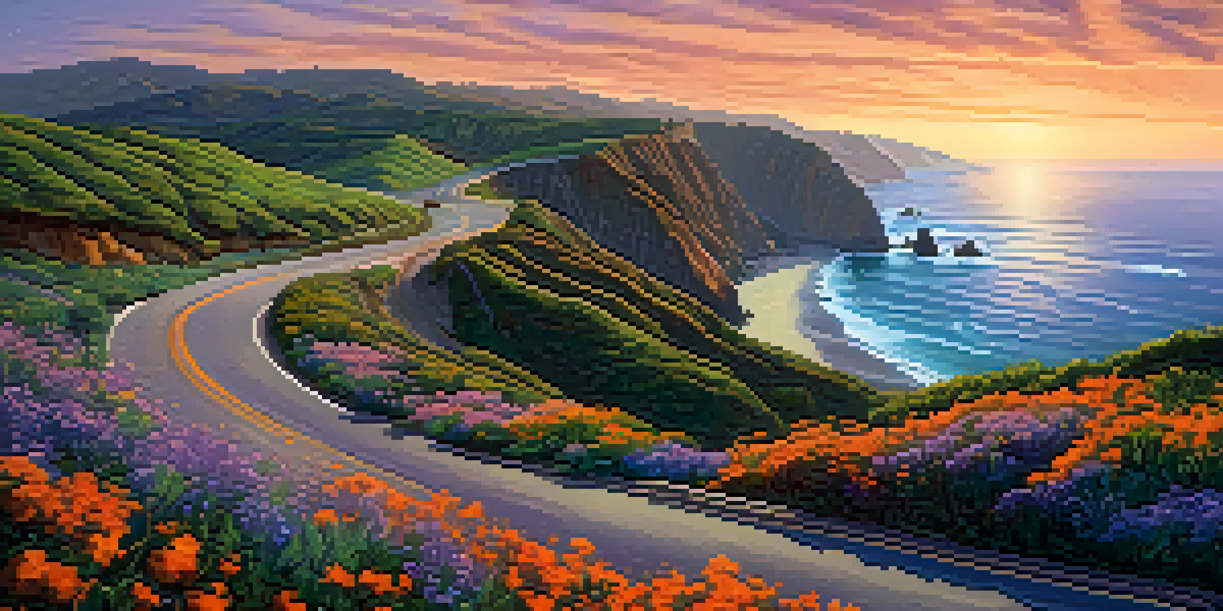 A scenic view of the Pacific Coast Highway at sunset, with cliffs and ocean.