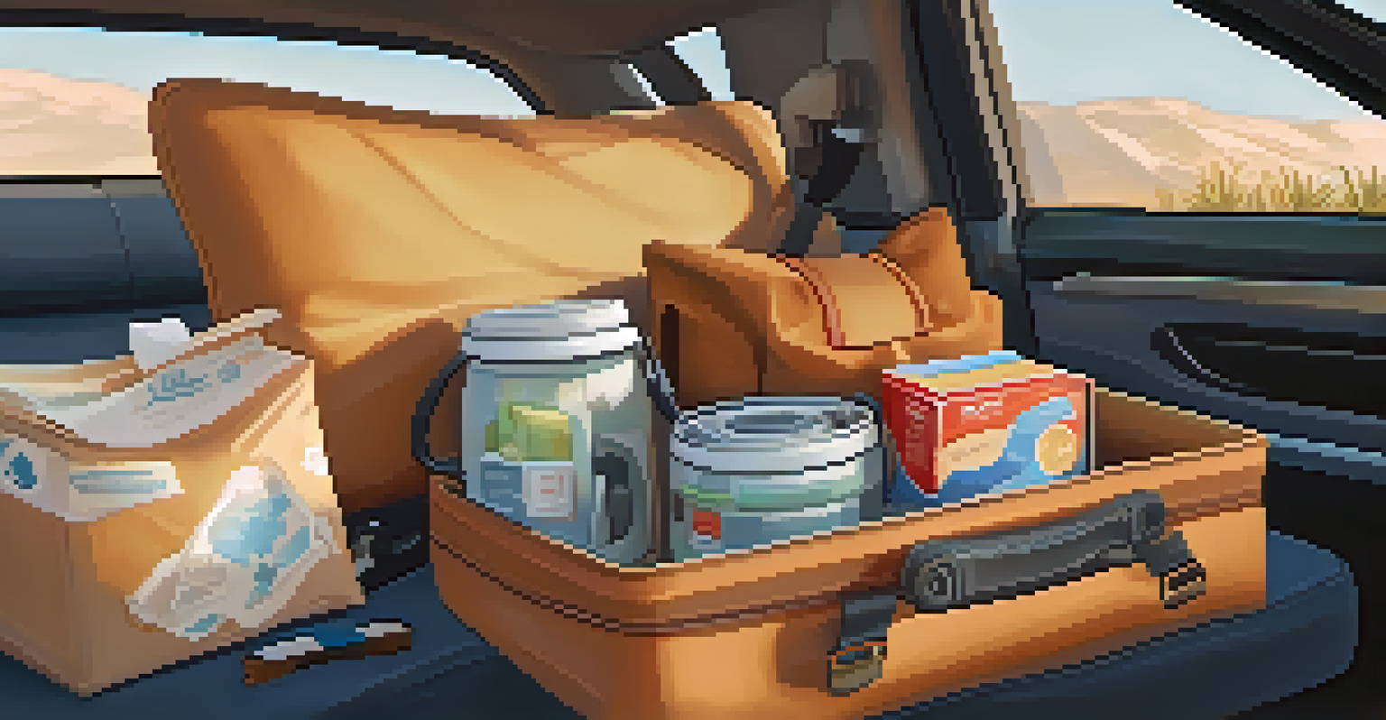 A warm and inviting car interior filled with travel essentials like a pillow, snacks, and a map, bathed in soft sunlight.