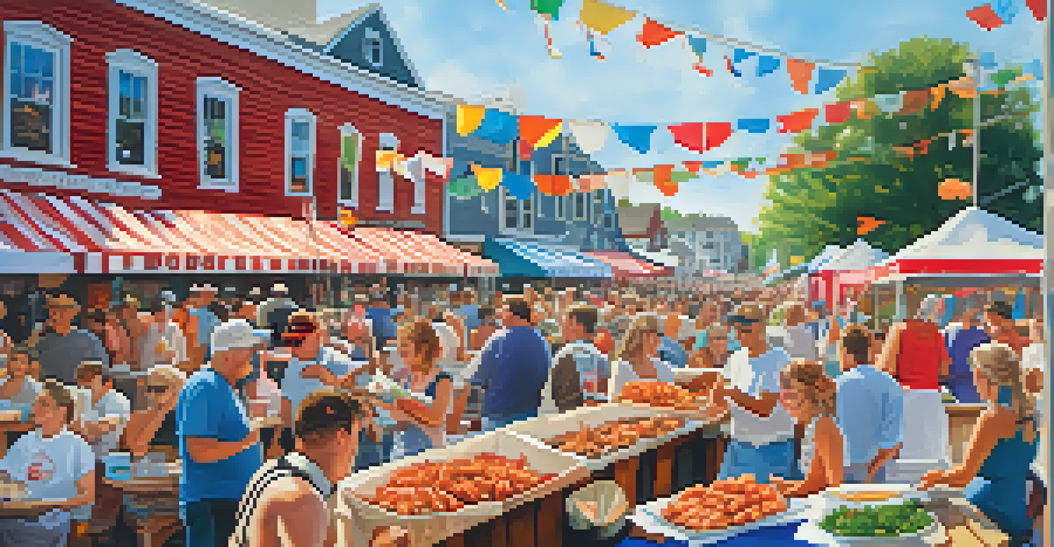 A lively seafood festival in New England, featuring people enjoying various seafood dishes and a festive atmosphere.